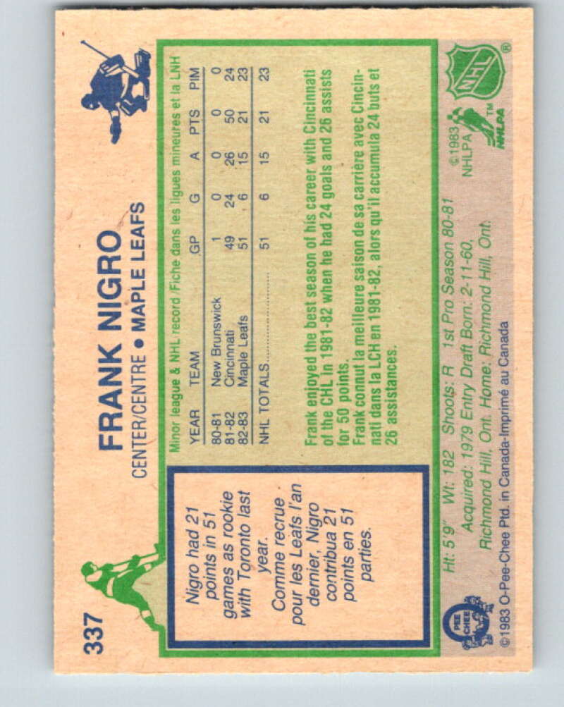 1983-84 O-Pee-Chee #337 Frank Nigro RC Rookie Maple Leafs V27852