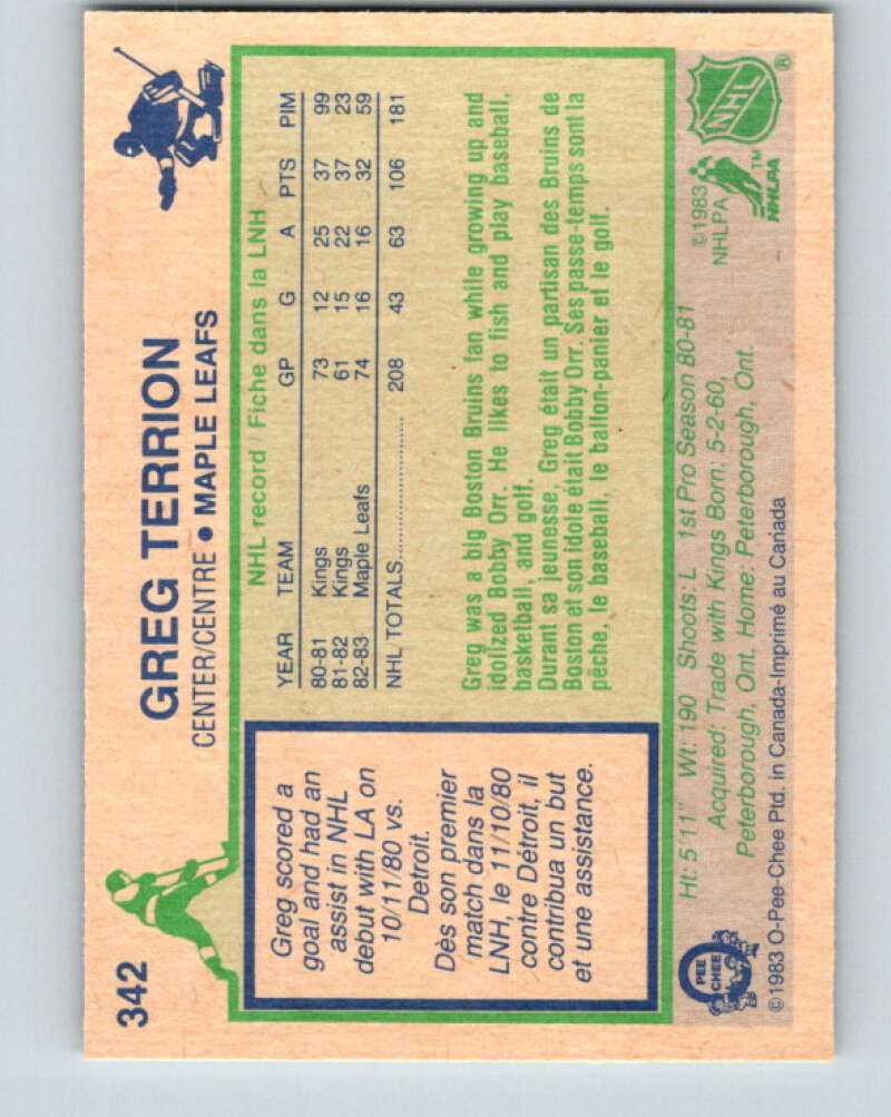 1983-84 O-Pee-Chee #342 Greg Terrion Toronto Maple Leafs V27864