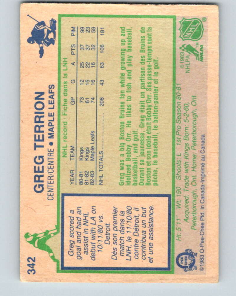 1983-84 O-Pee-Chee #342 Greg Terrion Toronto Maple Leafs V27865