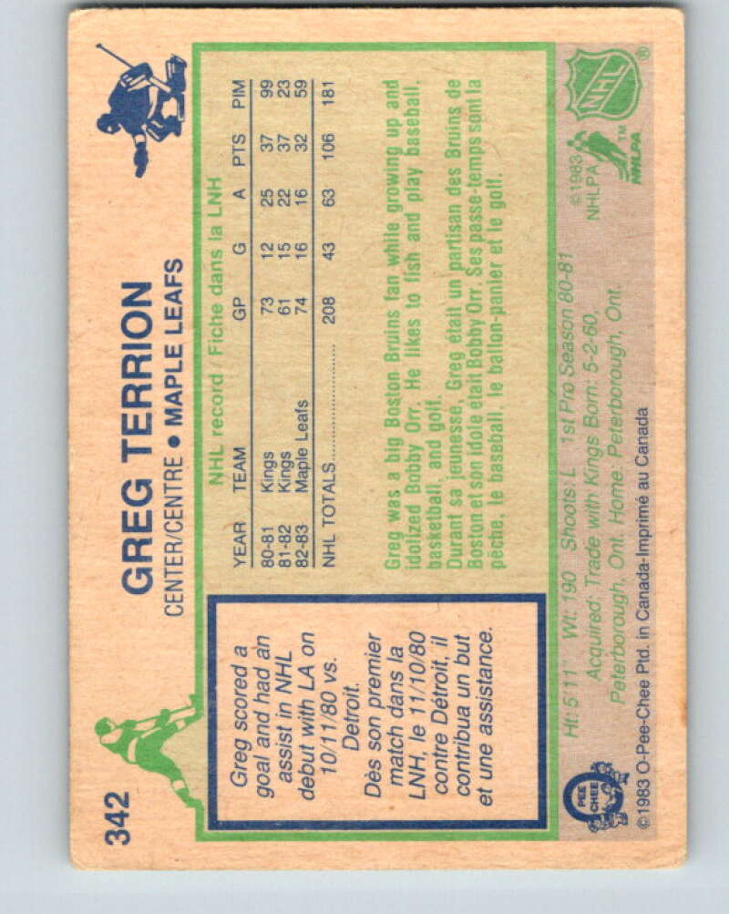 1983-84 O-Pee-Chee #342 Greg Terrion Toronto Maple Leafs V27866
