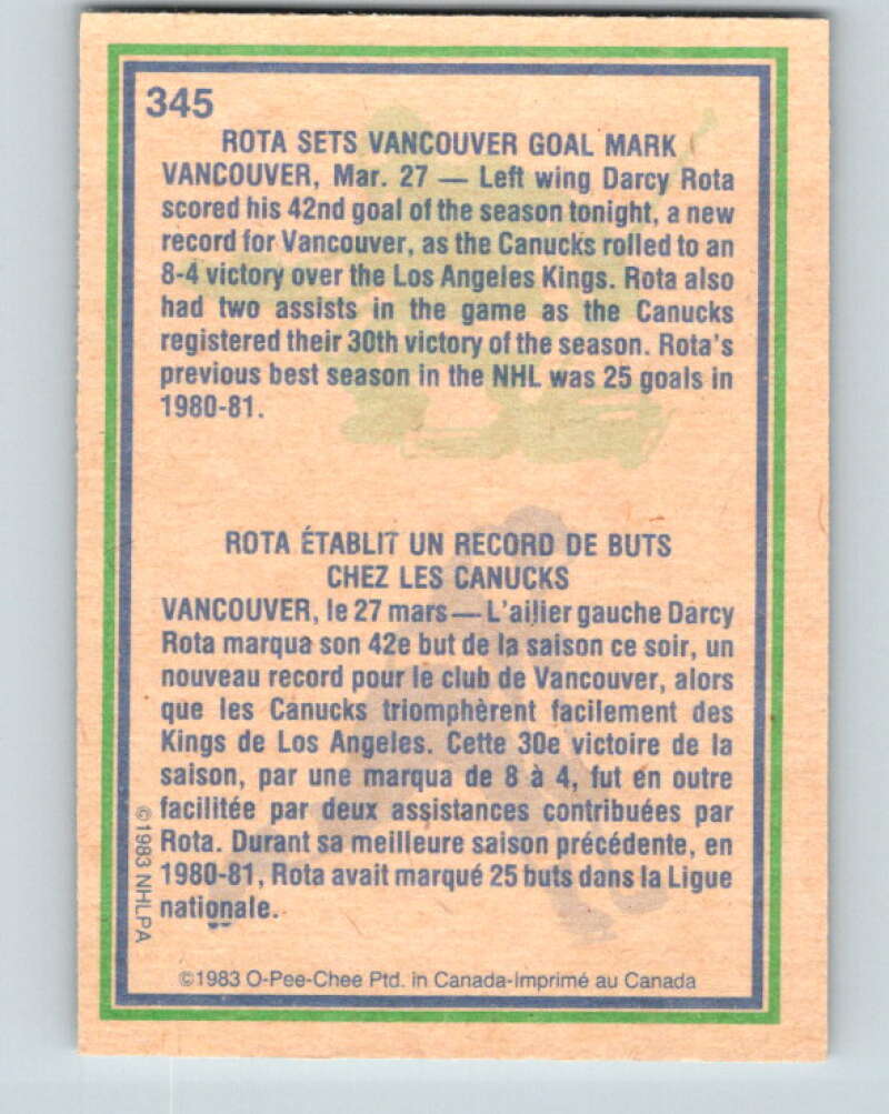 1983-84 O-Pee-Chee #345 Darcy Rota HL Vancouver Canucks V27874