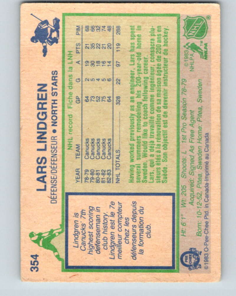 1983-84 O-Pee-Chee #354 Lars Lindgren Minnesota North Stars V27905