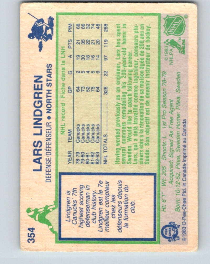 1983-84 O-Pee-Chee #354 Lars Lindgren Minnesota North Stars V27906