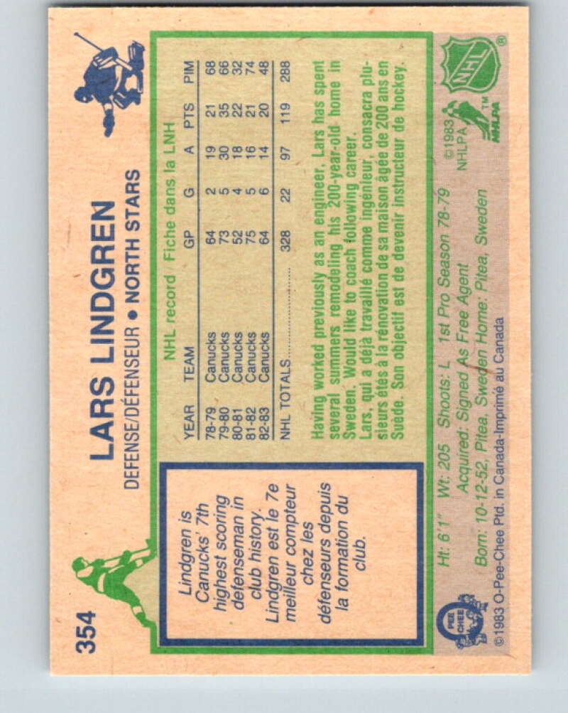 1983-84 O-Pee-Chee #354 Lars Lindgren Minnesota North Stars V27909