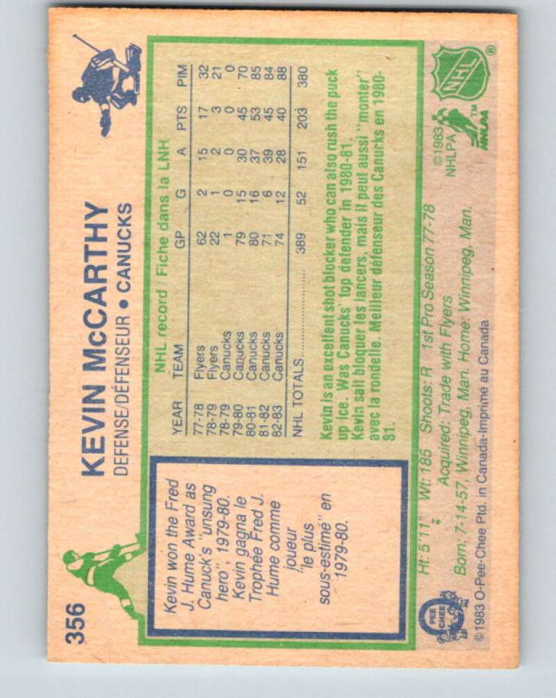 1983-84 O-Pee-Chee #356 Kevin McCarthy Vancouver Canucks V27915