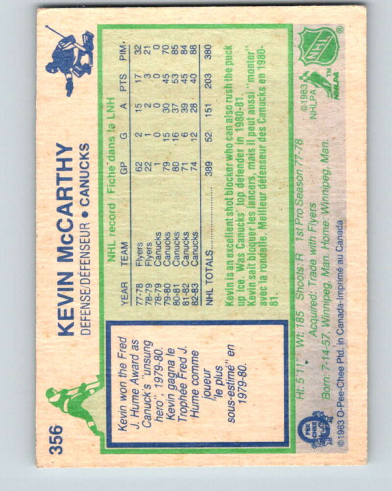 1983-84 O-Pee-Chee #356 Kevin McCarthy Vancouver Canucks V27916