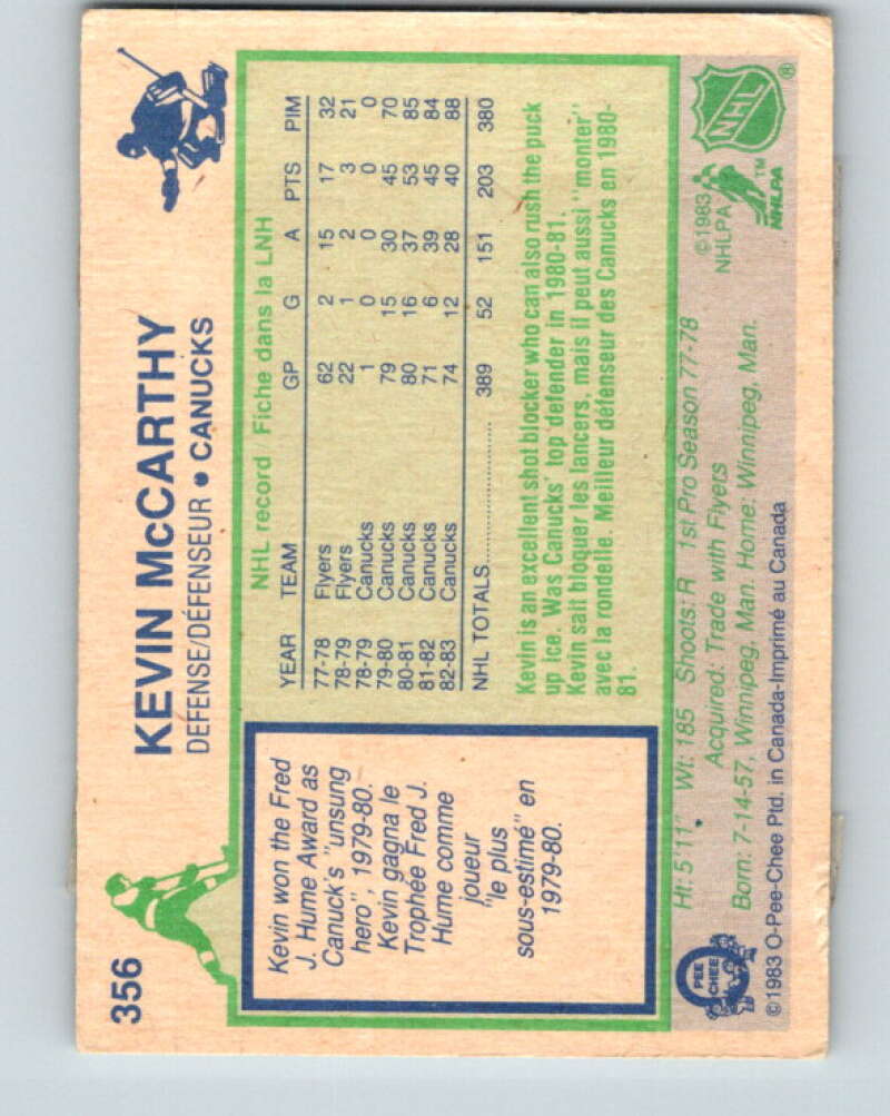 1983-84 O-Pee-Chee #356 Kevin McCarthy Vancouver Canucks V27917