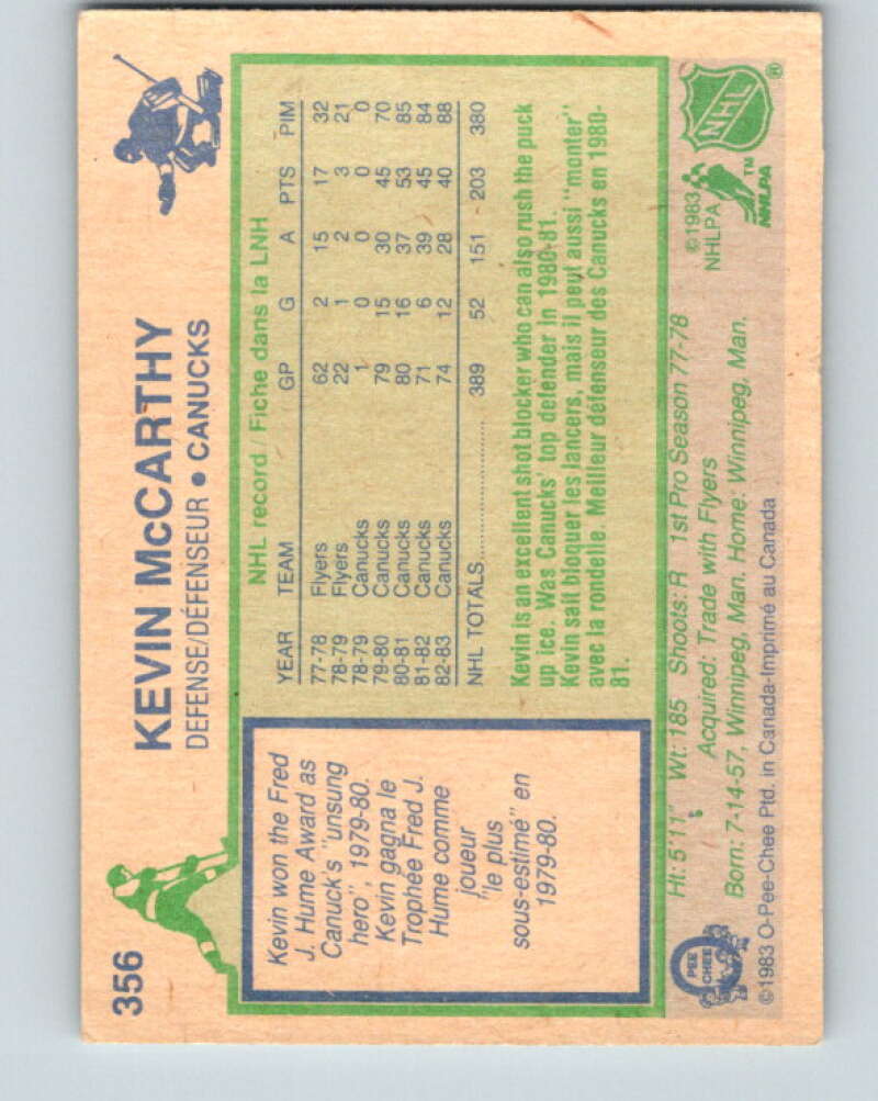 1983-84 O-Pee-Chee #356 Kevin McCarthy Vancouver Canucks V27918