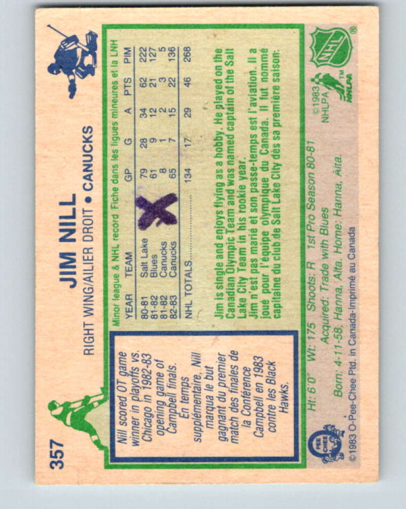 1983-84 O-Pee-Chee #357 Jim Nill RC Rookie Vancouver Canucks V27920