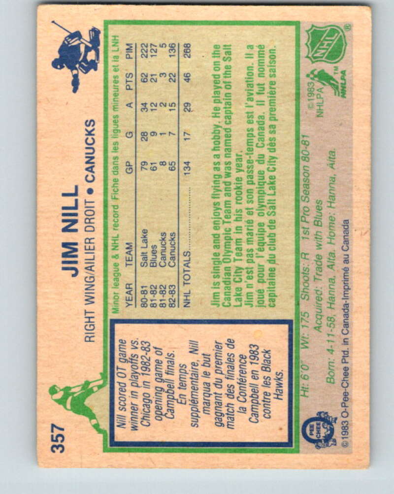 1983-84 O-Pee-Chee #357 Jim Nill RC Rookie Vancouver Canucks V27921