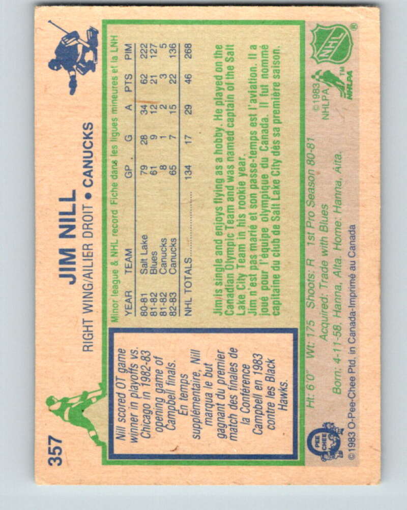 1983-84 O-Pee-Chee #357 Jim Nill RC Rookie Vancouver Canucks V27922