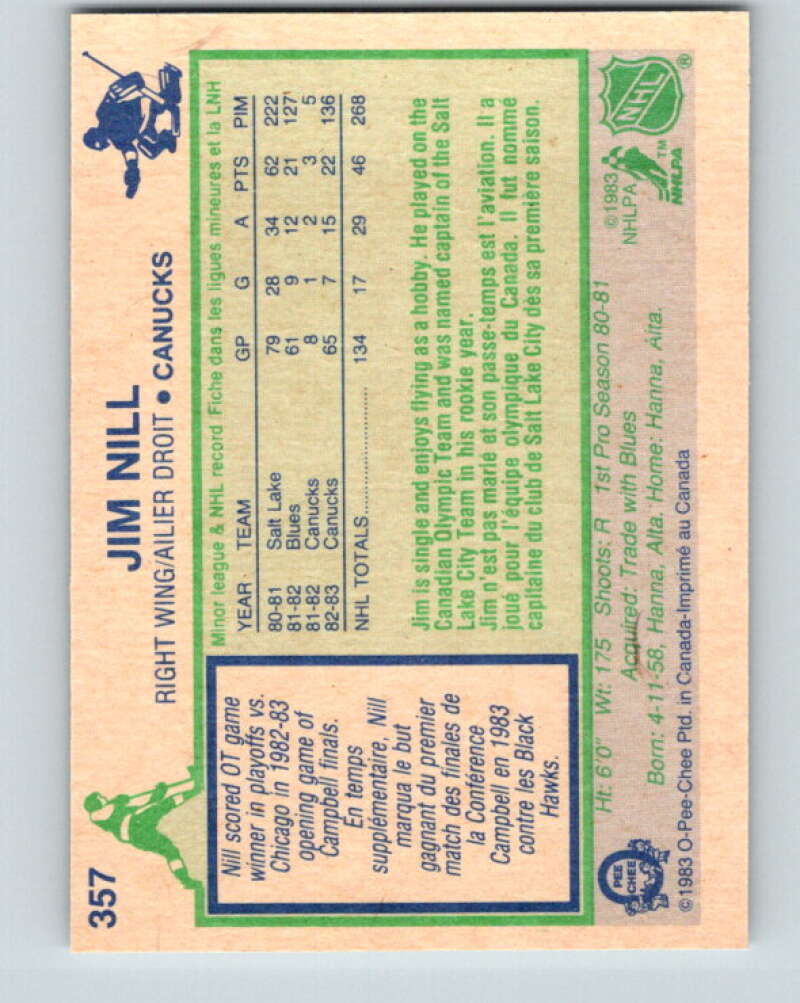 1983-84 O-Pee-Chee #357 Jim Nill RC Rookie Vancouver Canucks V27923