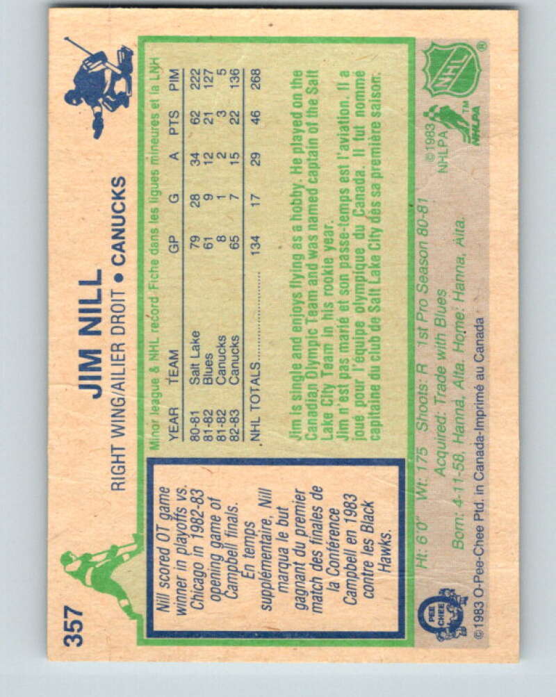 1983-84 O-Pee-Chee #357 Jim Nill RC Rookie Vancouver Canucks V27924