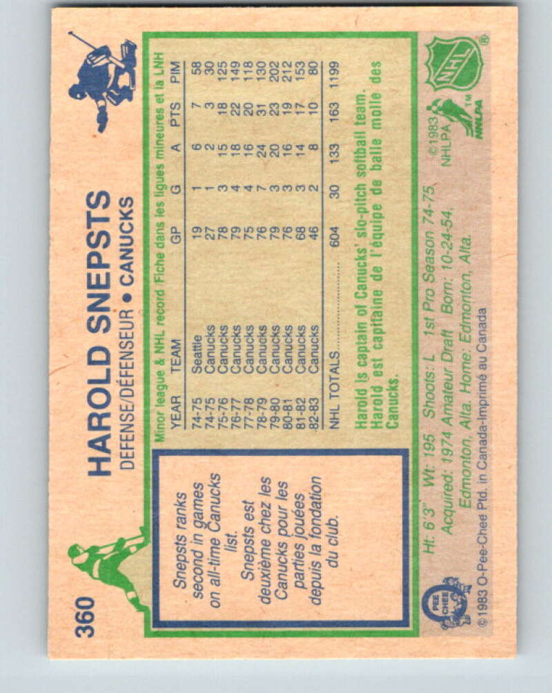 1983-84 O-Pee-Chee #360 Harold Snepsts Vancouver Canucks V27931