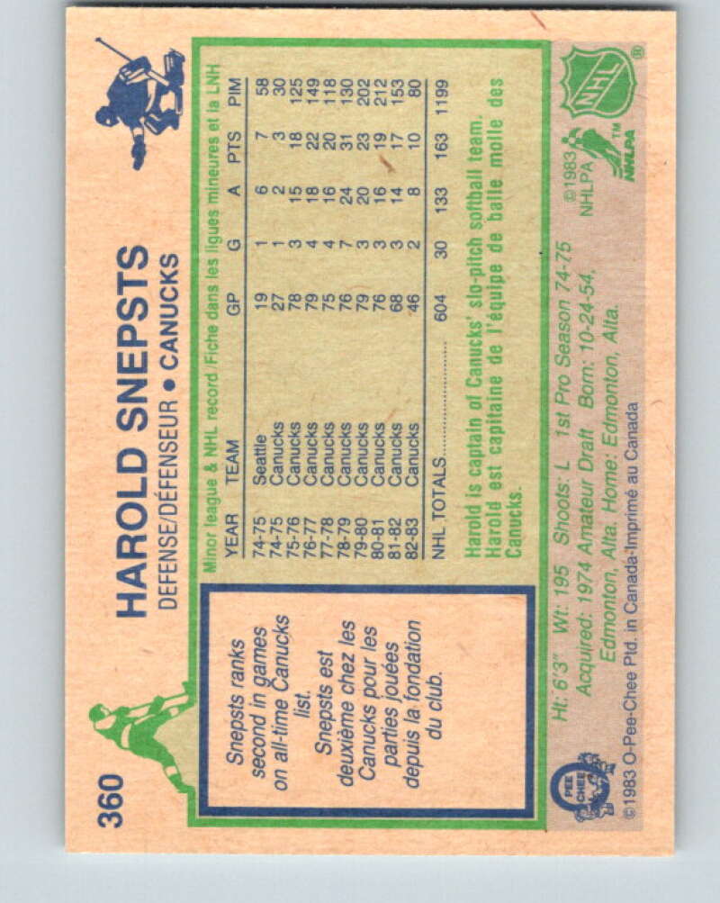 1983-84 O-Pee-Chee #360 Harold Snepsts Vancouver Canucks V27932