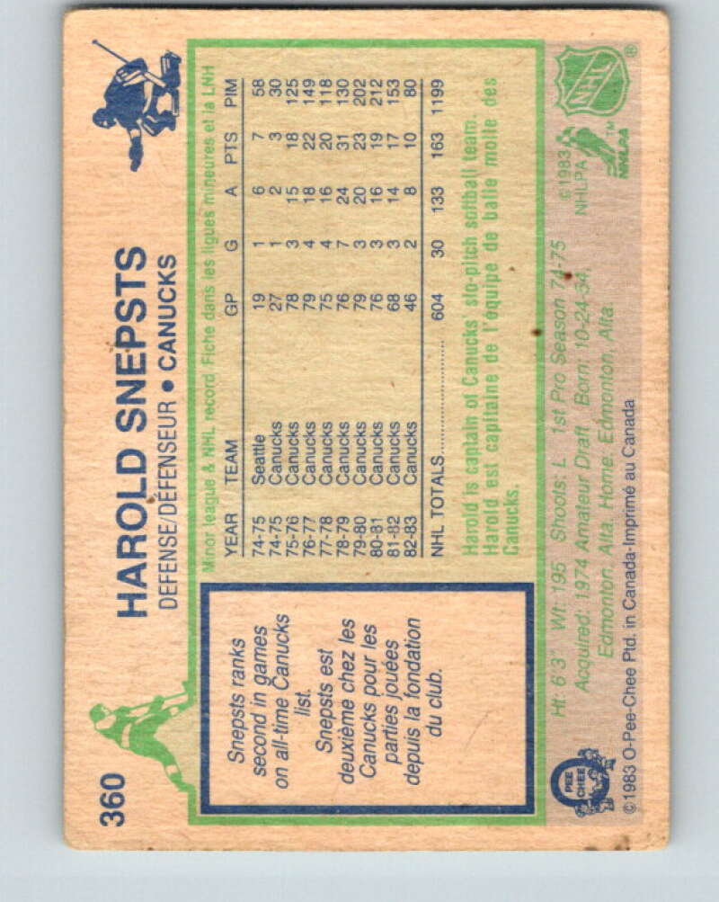 1983-84 O-Pee-Chee #360 Harold Snepsts Vancouver Canucks V27933