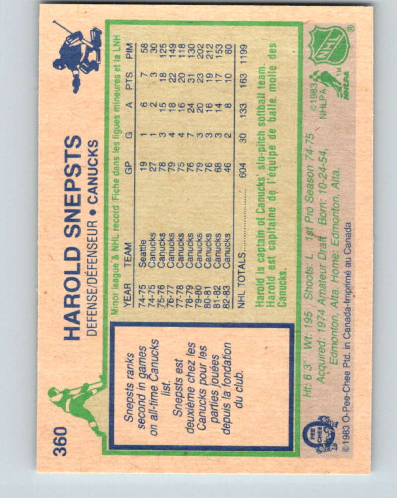 1983-84 O-Pee-Chee #360 Harold Snepsts Vancouver Canucks V27934