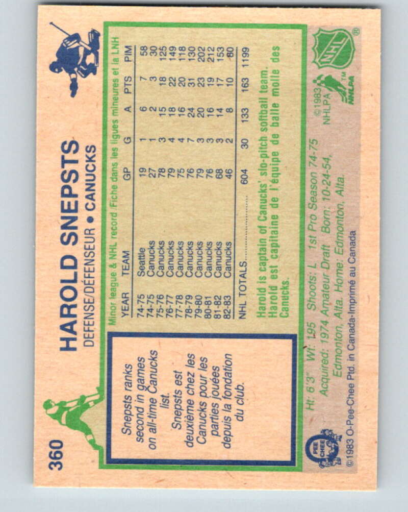 1983-84 O-Pee-Chee #360 Harold Snepsts Vancouver Canucks V27935