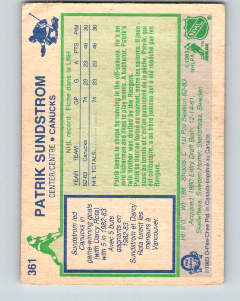 1983-84 O-Pee-Chee #361 Patrik Sundstrom RC Rookie Canucks V27936