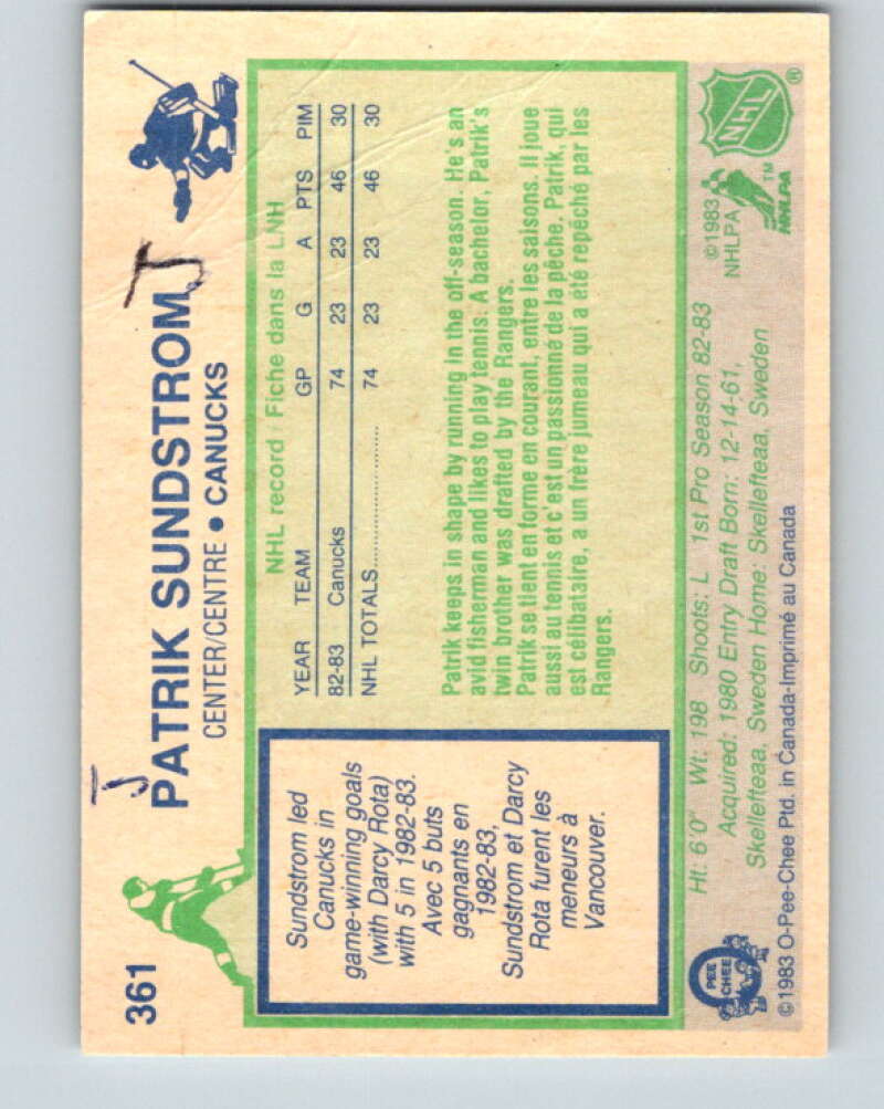 1983-84 O-Pee-Chee #361 Patrik Sundstrom RC Rookie Canucks V27937