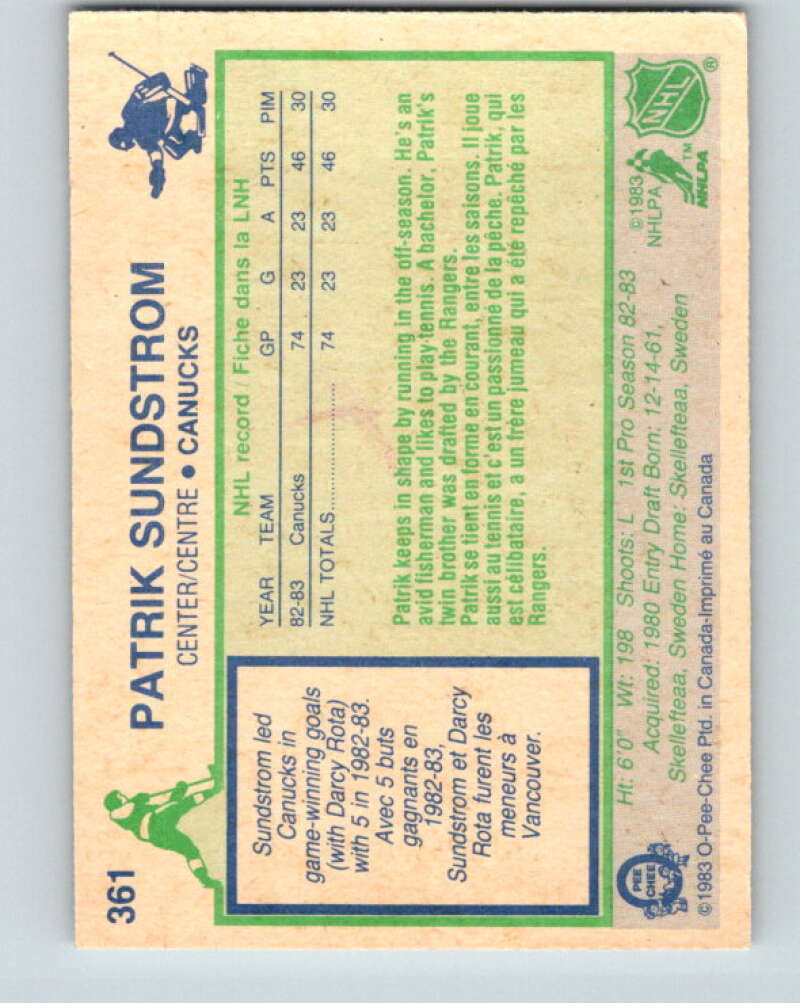 1983-84 O-Pee-Chee #361 Patrik Sundstrom RC Rookie Canucks V27938