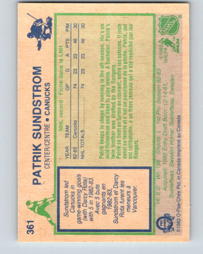 1983-84 O-Pee-Chee #361 Patrik Sundstrom RC Rookie Canucks V27940