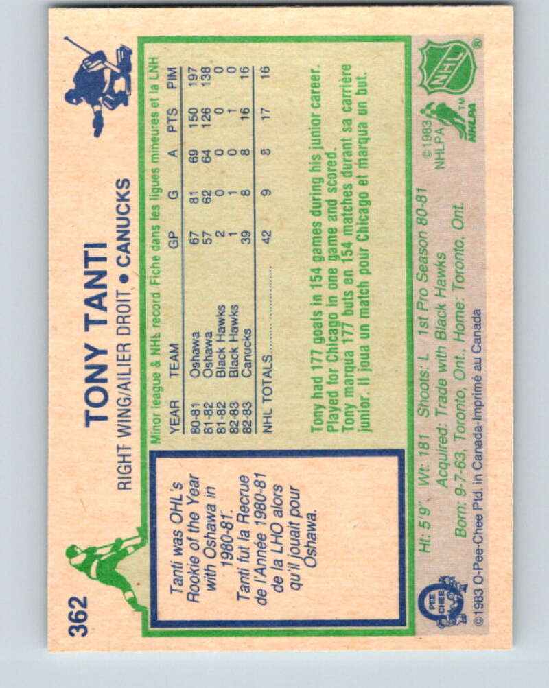 1983-84 O-Pee-Chee #362 Tony Tanti RC Rookie Canucks V27941