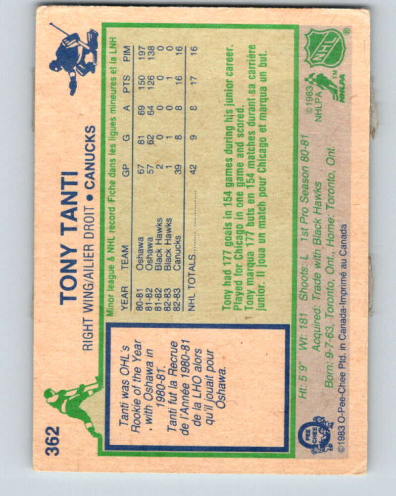 1983-84 O-Pee-Chee #362 Tony Tanti RC Rookie Canucks V27942