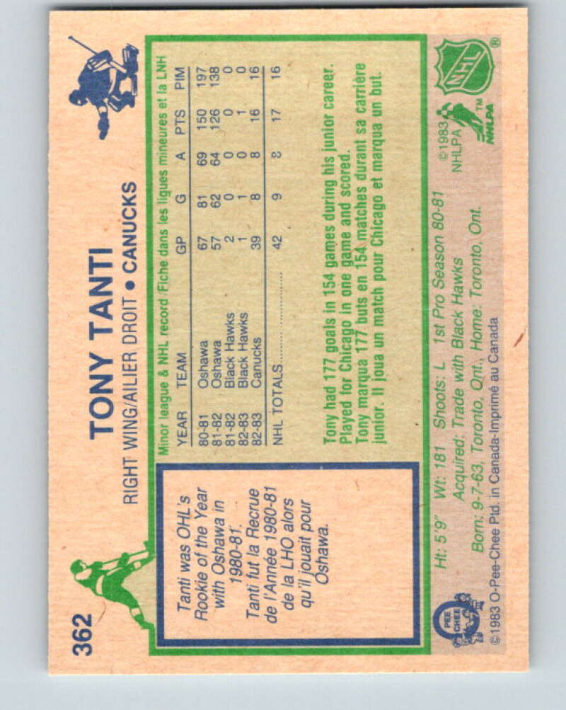 1983-84 O-Pee-Chee #362 Tony Tanti RC Rookie Canucks V27943