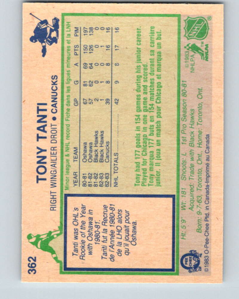 1983-84 O-Pee-Chee #362 Tony Tanti RC Rookie Canucks V27944