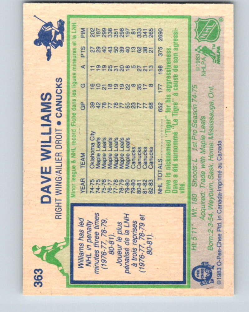 1983-84 O-Pee-Chee #363 Tiger Williams Vancouver Canucks V27945