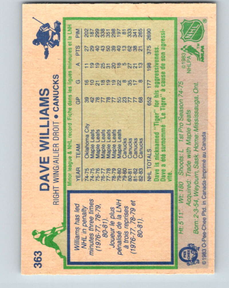 1983-84 O-Pee-Chee #363 Tiger Williams Vancouver Canucks V27946