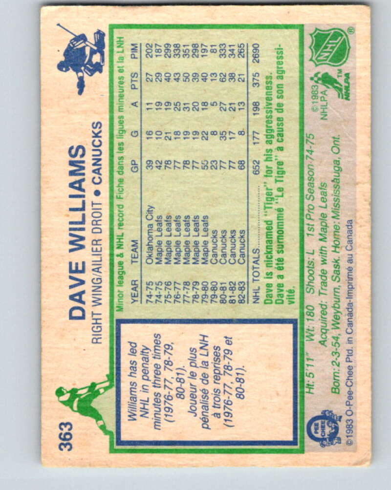 1983-84 O-Pee-Chee #363 Tiger Williams Vancouver Canucks V27947