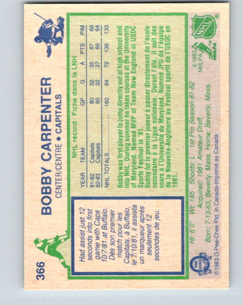 1983-84 O-Pee-Chee #366 Bob Carpenter Washington Capitals V27956