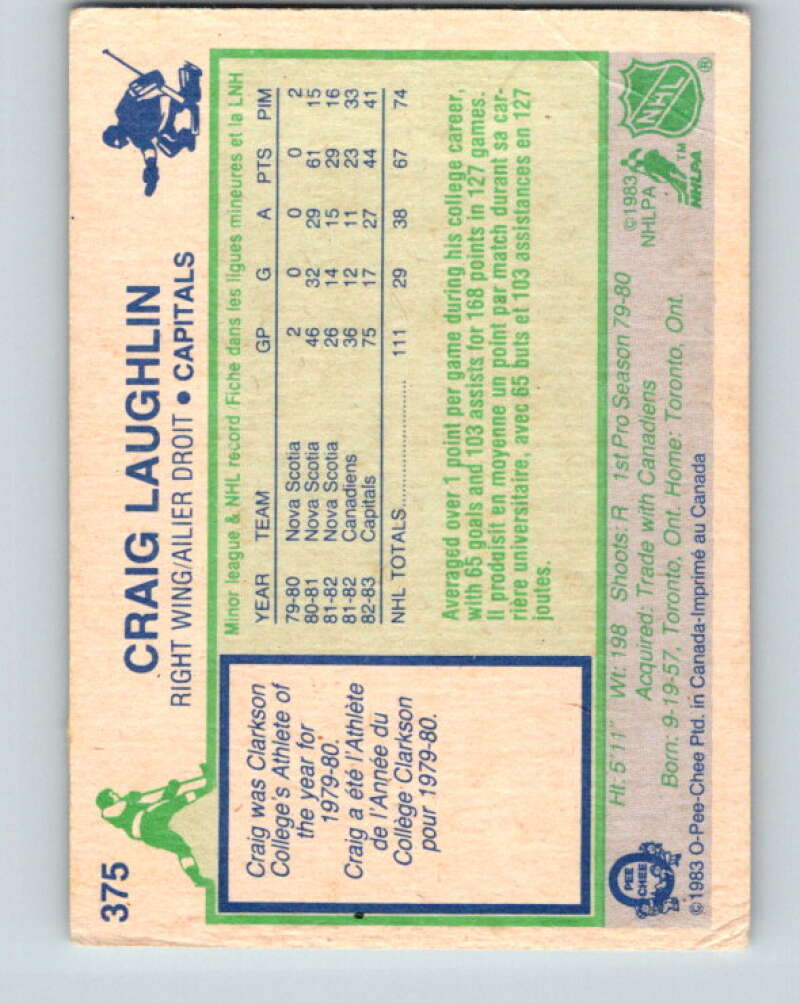 1983-84 O-Pee-Chee #375 Craig Laughlin RC Rookie Capitals V27988