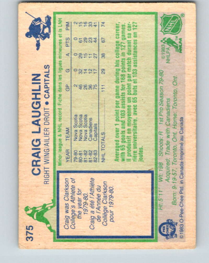 1983-84 O-Pee-Chee #375 Craig Laughlin RC Rookie Capitals V27990