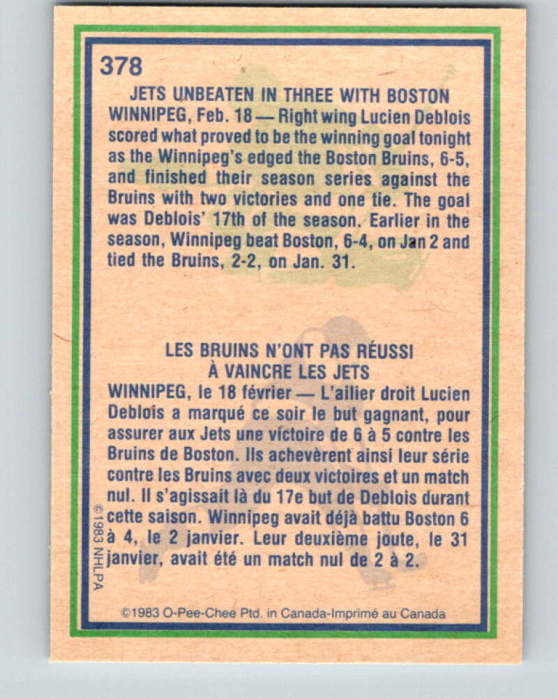 1983-84 O-Pee-Chee #378 Lucien DeBlois HL Winnipeg Jets V27994
