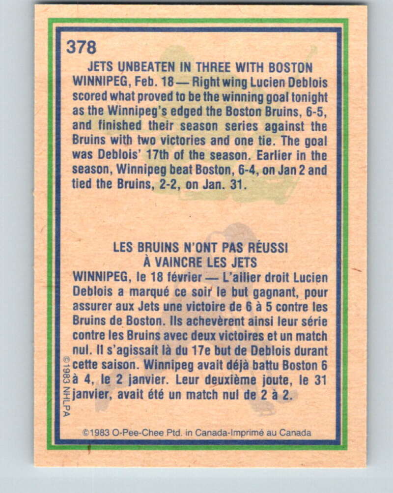 1983-84 O-Pee-Chee #378 Lucien DeBlois HL Winnipeg Jets V27995