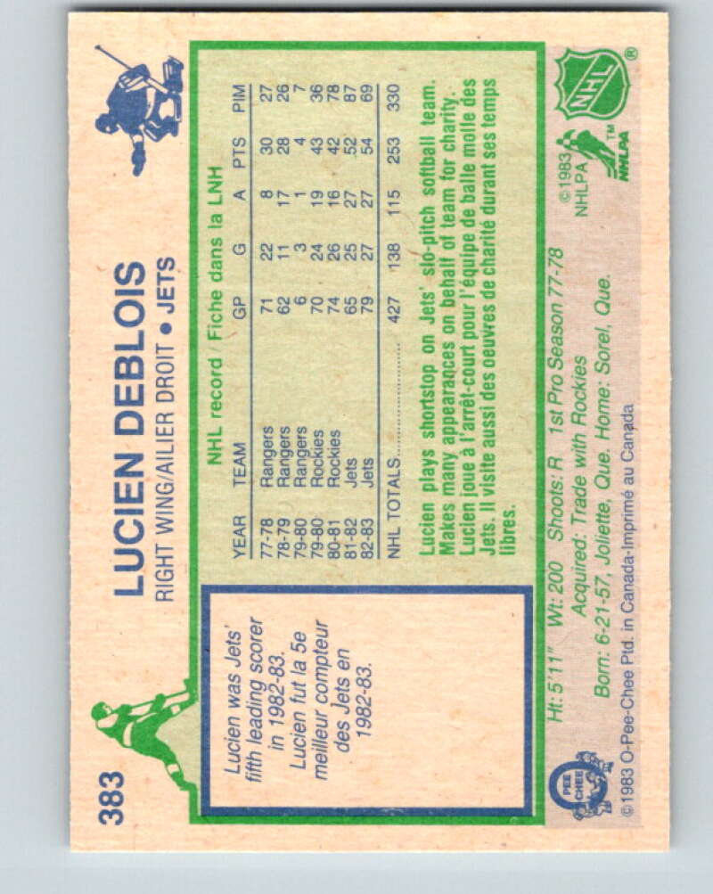 1983-84 O-Pee-Chee #383 Lucien DeBlois Winnipeg Jets V28012