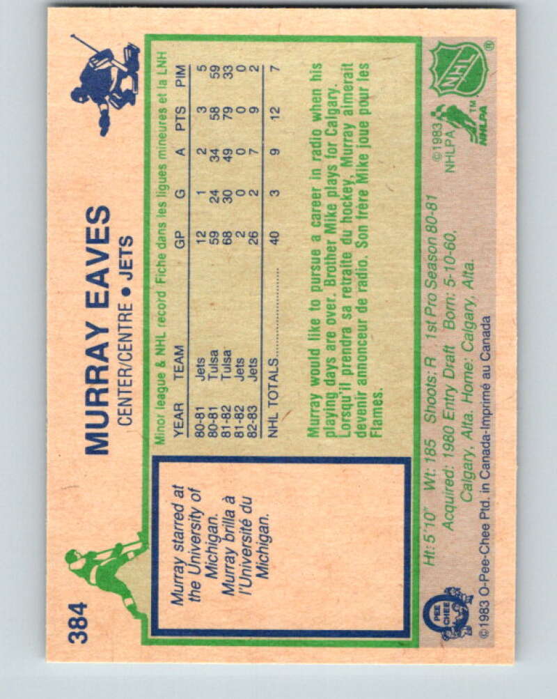 1983-84 O-Pee-Chee #384 Murray Eaves RC Rookie Jets V28016