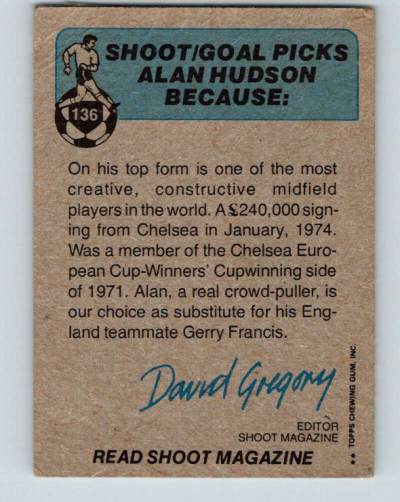 1976-77 Topps England Soccer Football #136 Alan Hudson V28153