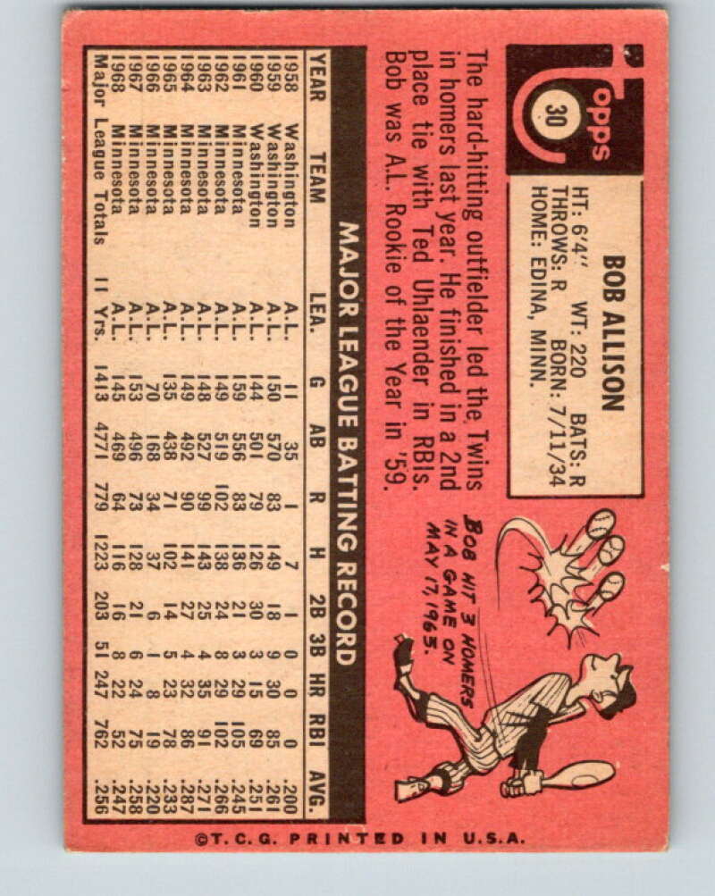 1969 Topps #30 Bob Allison Minnesota Twins V28510