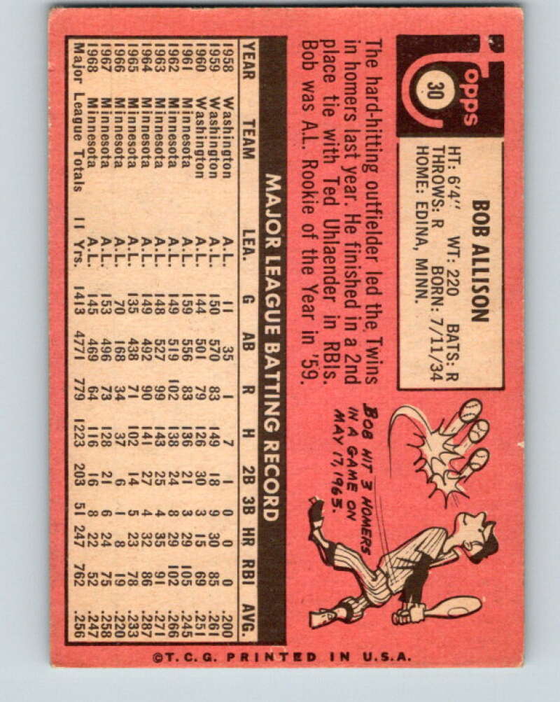 1969 Topps #30 Bob Allison  Minnesota Twins  V28510