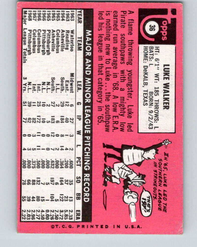 1969 Topps #36 Luke Walker Pittsburgh Pirates V28512