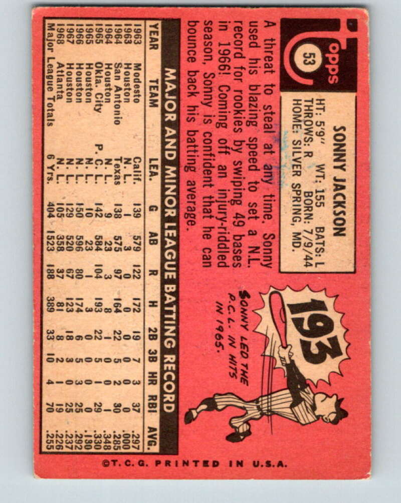 1969 Topps #53 Sonny Jackson Atlanta Braves V28522