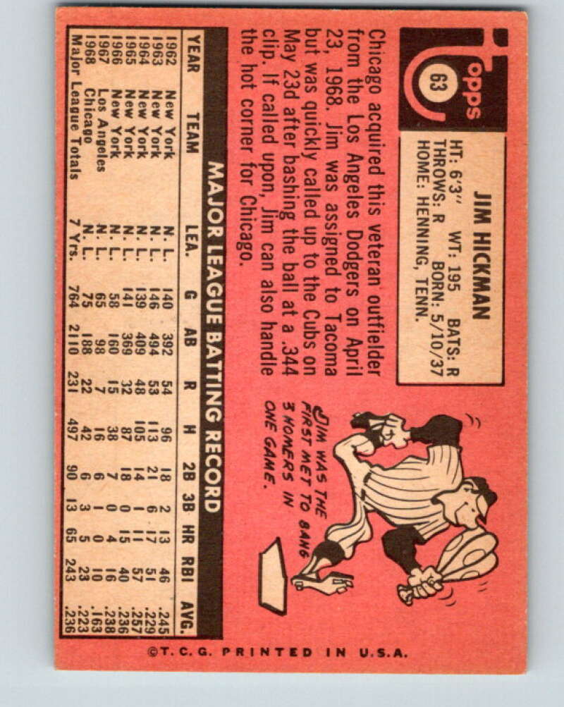 1969 Topps #63 Jim Hickman Chicago Cubs V28527