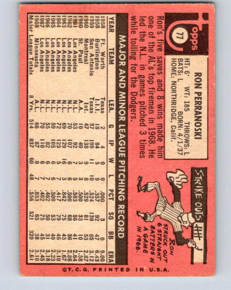 1969 Topps #77a Ron Perranoski ERR Minnesota Twins V28533