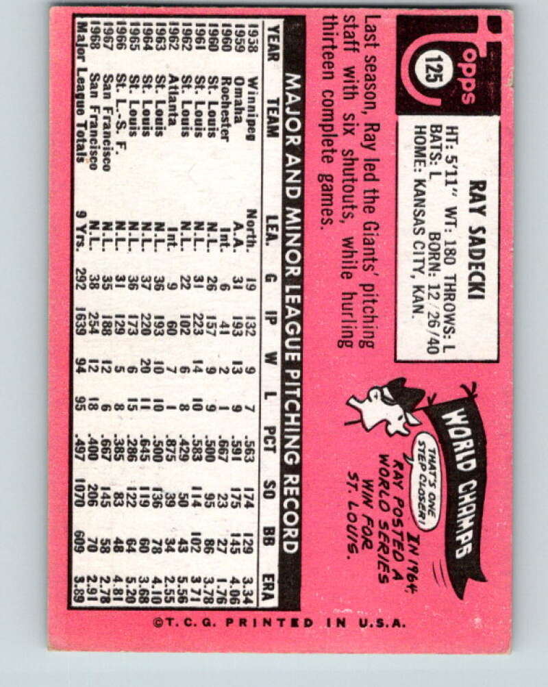 1969 Topps #125 Ray Sadecki San Francisco Giants V28548