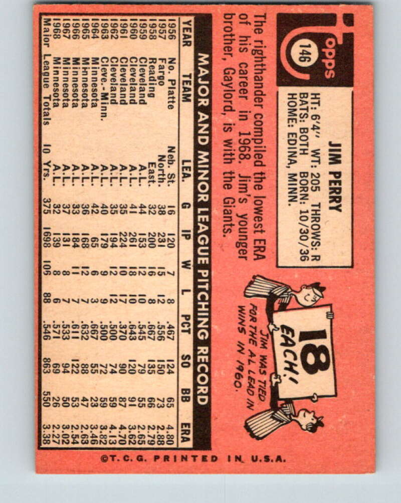 1969 Topps #146 Jim Perry Minnesota Twins V28558