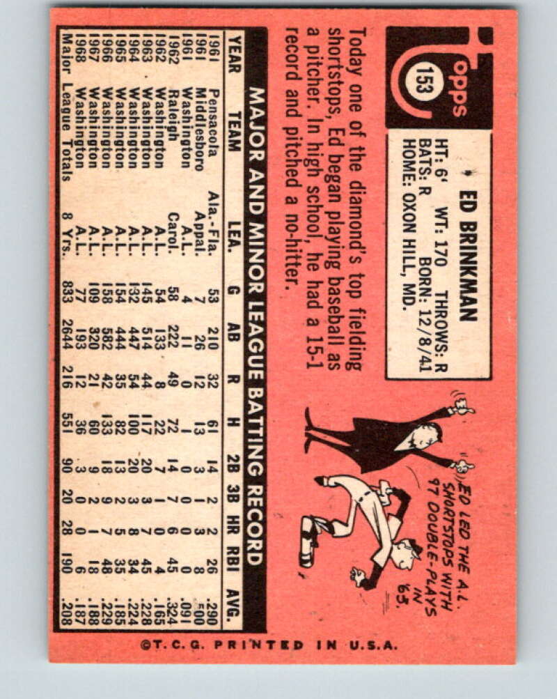 1969 Topps #153 Ed Brinkman Washington Senators V28564